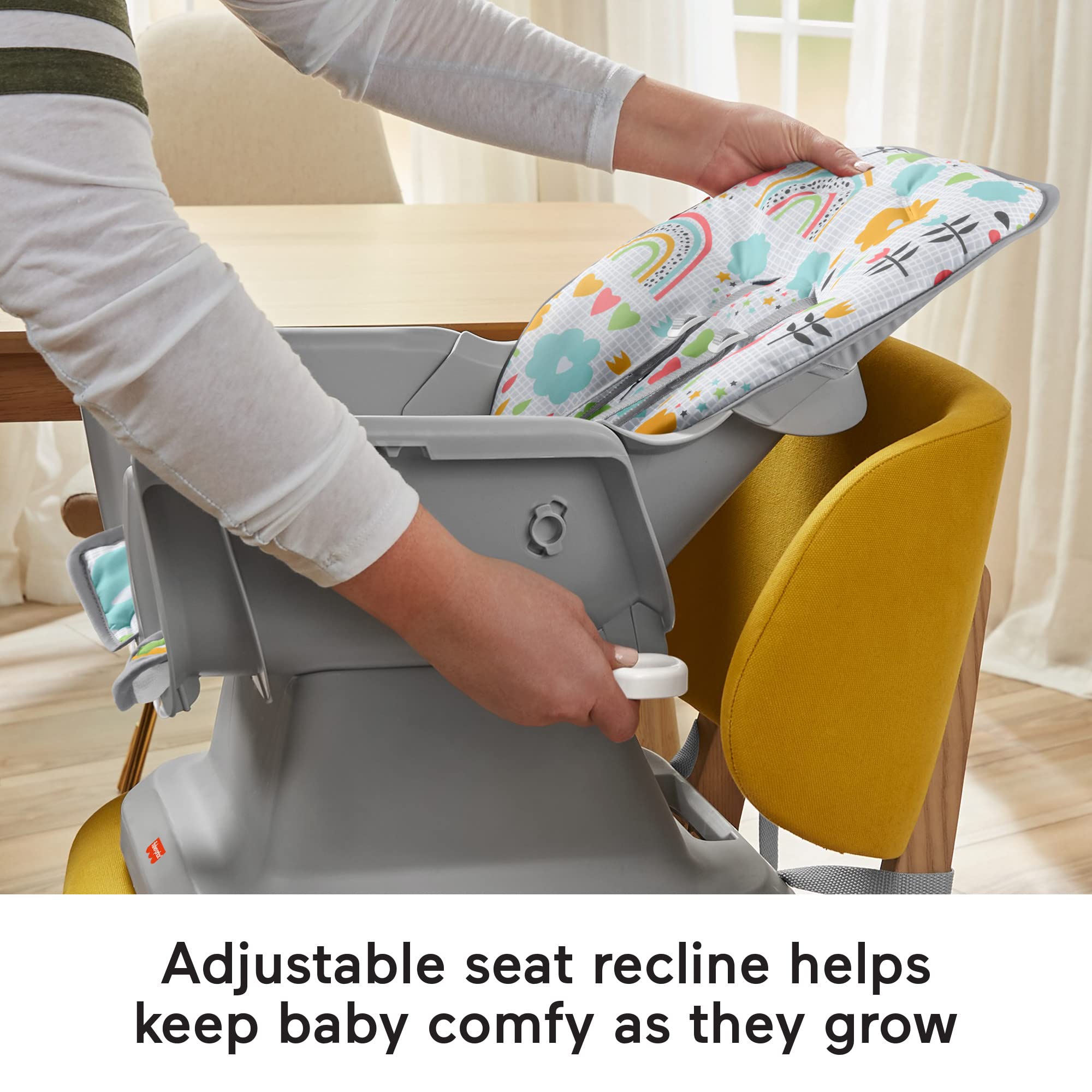 Fisher-Price Baby to Toddler High Chair SpaceSaver Simple Clean Portable Dining Seat & Booster with Washable Deep Tray & Liner, Sun Showers