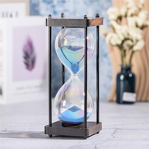 ELAINESTORE Rainbow Hourglass Timer 60 Minute, Wooden Frame Decorative Sand Timer (Blue Sand, Large Size)