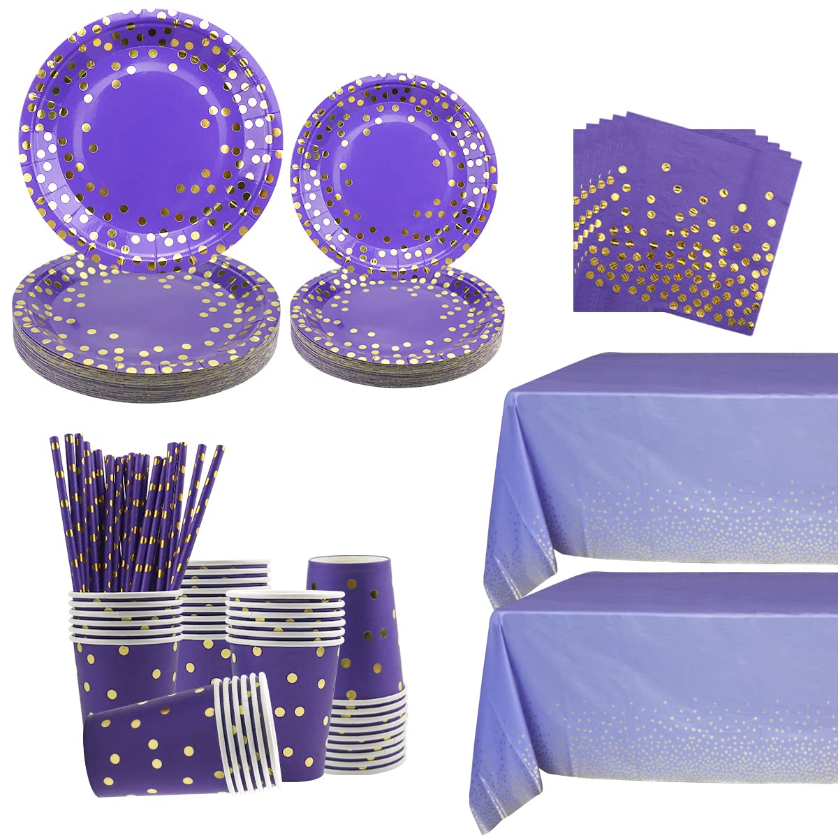 Purple and Gold Party Tableware Set - Plates, Cups, Napkins, Tablecloth, Straws - for Wedding Birthday Party Anniversary Baby Shower Serves 25 Guests (Purple)