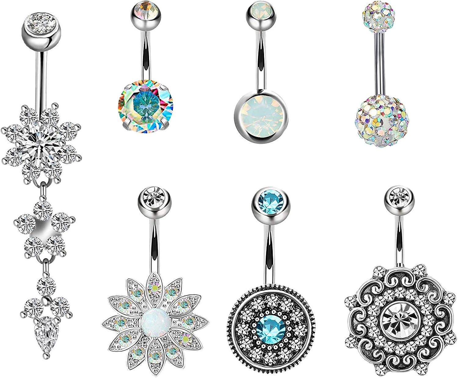 Belly Bars,7PCS 316L Surgical Steel CZ Belly Bars with Dangle Cubic