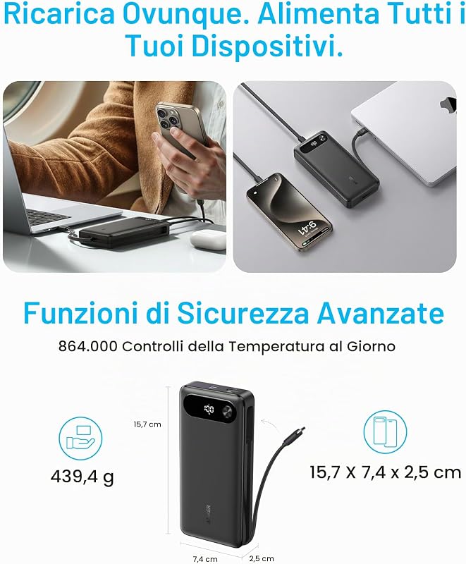 Power Bank 20000mAh 87W con Cavo USB C Integrato