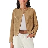 Women's Tweed Blazers Long Sleeve Business Button Down Casual Cropped Blazer Jackets with Pockets