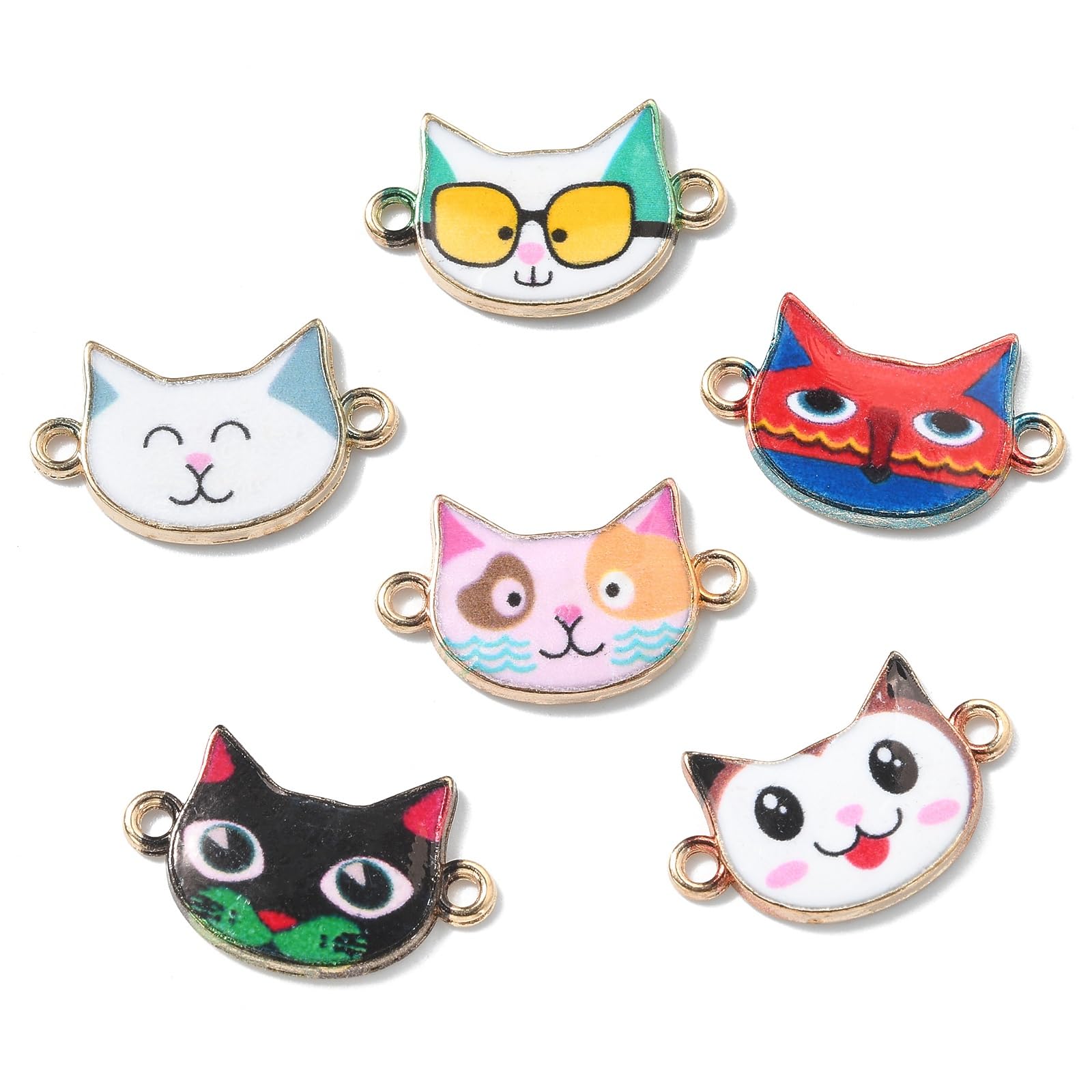 Stiesy 30 pcs 6 Styles Cat Connector Charms Enamel Kitten Head Links Charms Cute Cat Head Dangle Charms for DIY Crafts Bracelet Jewelry Making