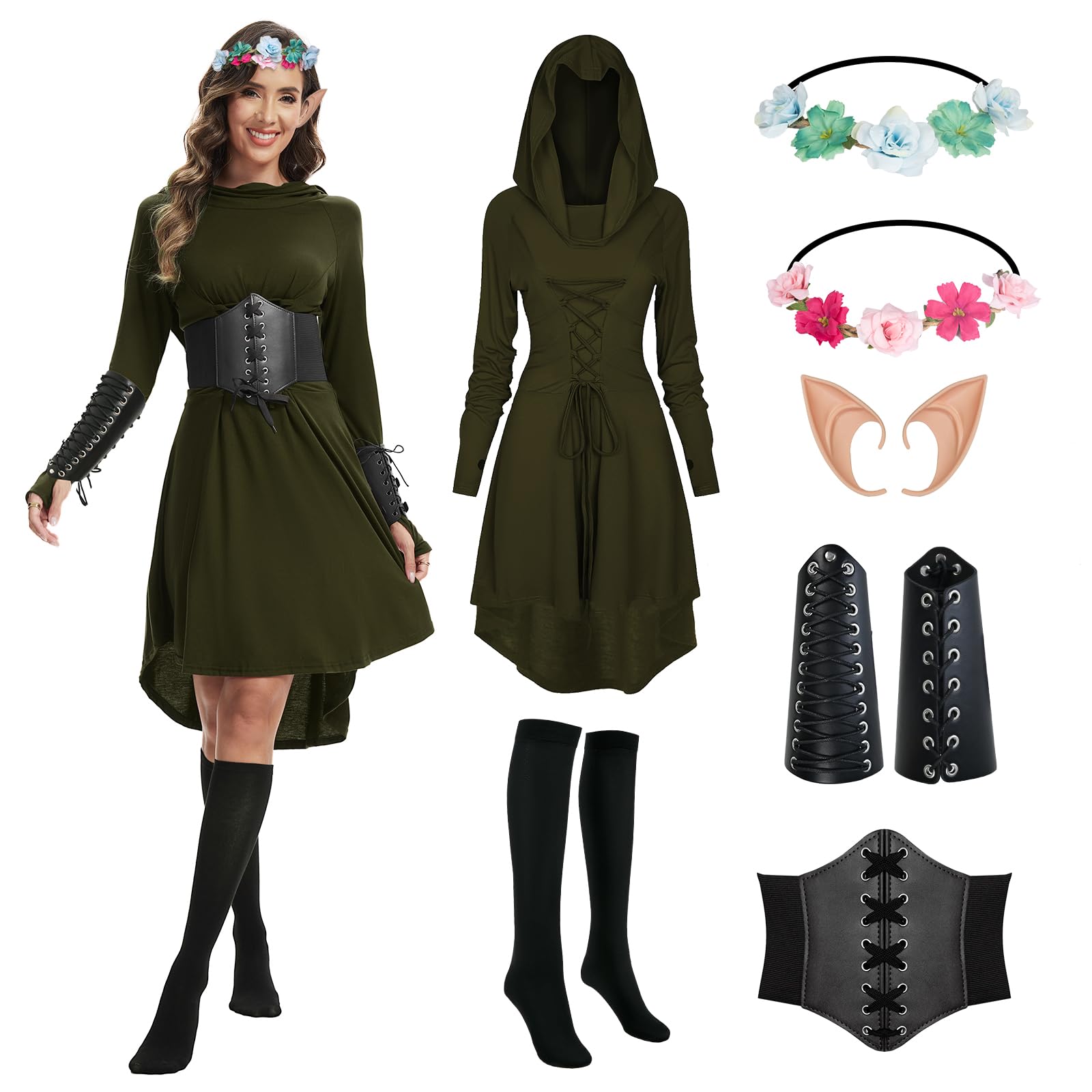 OPAEHJF Renaissance Costume Women Medieval Hooded Dress Gothic Dress Cosplay Vintage Victorian for Halloween Carnival (Green, 4XL)