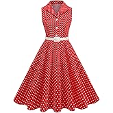 Women's 1950s Retro Polka Dot Vintage Dress Sleeveless Cocktail Prom Swing Midi Belt Dresses Notched Lapel