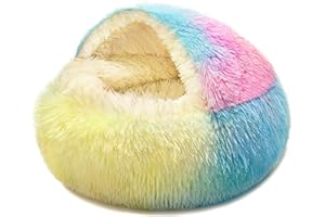 KWEWIK Cat Bed Round Soft Plush Burrowing Cave Hooded Cat Bed Donut for Dogs & Cats, Faux Fur Cuddler Round Comfortable Self Warming pet Bed, Machine Washable, Waterproof Bottom, Small, Rainbow