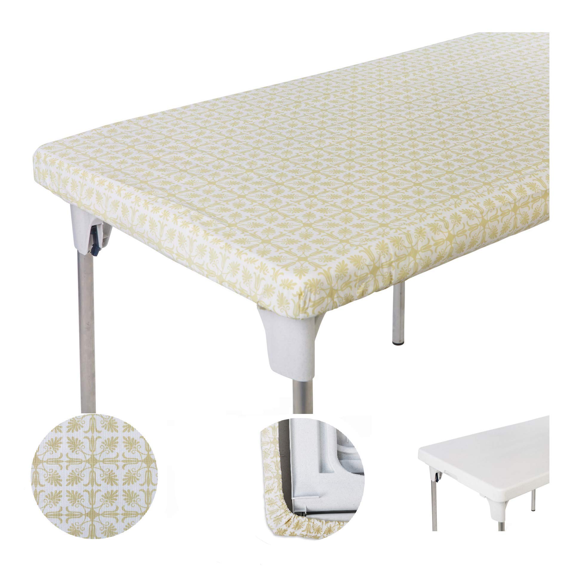 TopTableCloth Table Cover Yellow Gold Patterned Elastic Vinyl Christmas Tablecloth rectangular for folding table 6 ft 30 x 72 inch Waterproof Fitted Table Cloths Rectangle Camping Picnic Party Outdoor