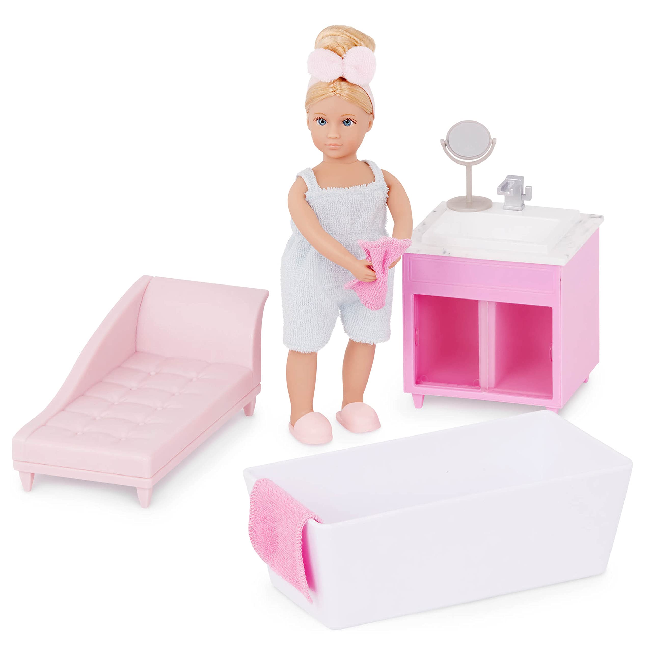 Lori Dolls – Adelina’s Bathtub Set – Mini Doll & Toy Bathroom Furniture – 6-inch Doll & Dollhouse Accessories – Tub, Vanity, Lounge Chair, Mirror, Towels – Play Set for Kids – 3 Years +