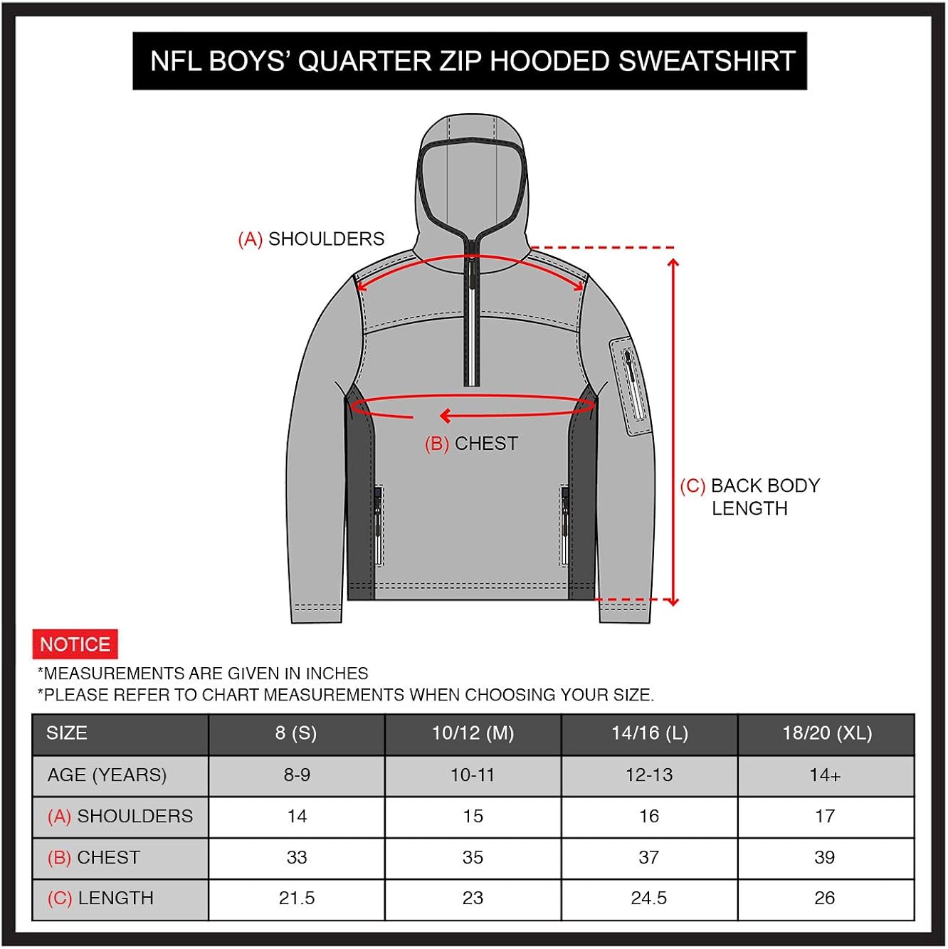 Ultra Game NFL Boys Extra Soft Fleece Quarter-Zip Pullover Hoodie Sweatshirt : Clothing