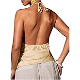 RoseSeek Women's Elegant Satin Backless Party Halter Tops Ruched Bust V Neck Sleeveless Tank Top