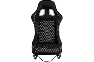CIWUCSEAT Size M Piece of Universal Fiber Glass Racing Bucket Seat, Silver Glitter Stronger Fiberglass Back, Full Black Suede Cover White Diamond Stitch Front w/Dual Lock Slider Fit For Racing Simulator、Car Use