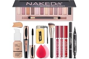 RENTONZ All in One Makeup Kit, Includes 12 Colors Naked Eyeshadow Palette, Beige Liquid Foundation, Lipstick Set, Eyebrow Soap, Eyeliner Stamp, Waterproof Mascara, Makeup Brush, Makeup Sponges