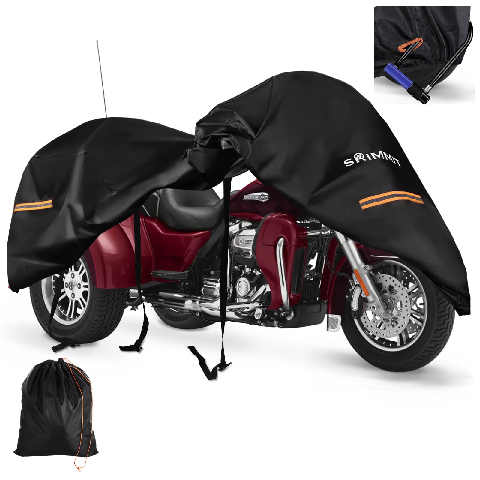 Photo 1 of Trike Motorcycle Cover, Covers for 3 Wheel Harley Davidson Waterproof Outdoor Storage, Heavy Duty 420D Oxford Fabric Shelter for Honda, Tri Glide Cover with Zipper for Antenna, Rain Snow Protection