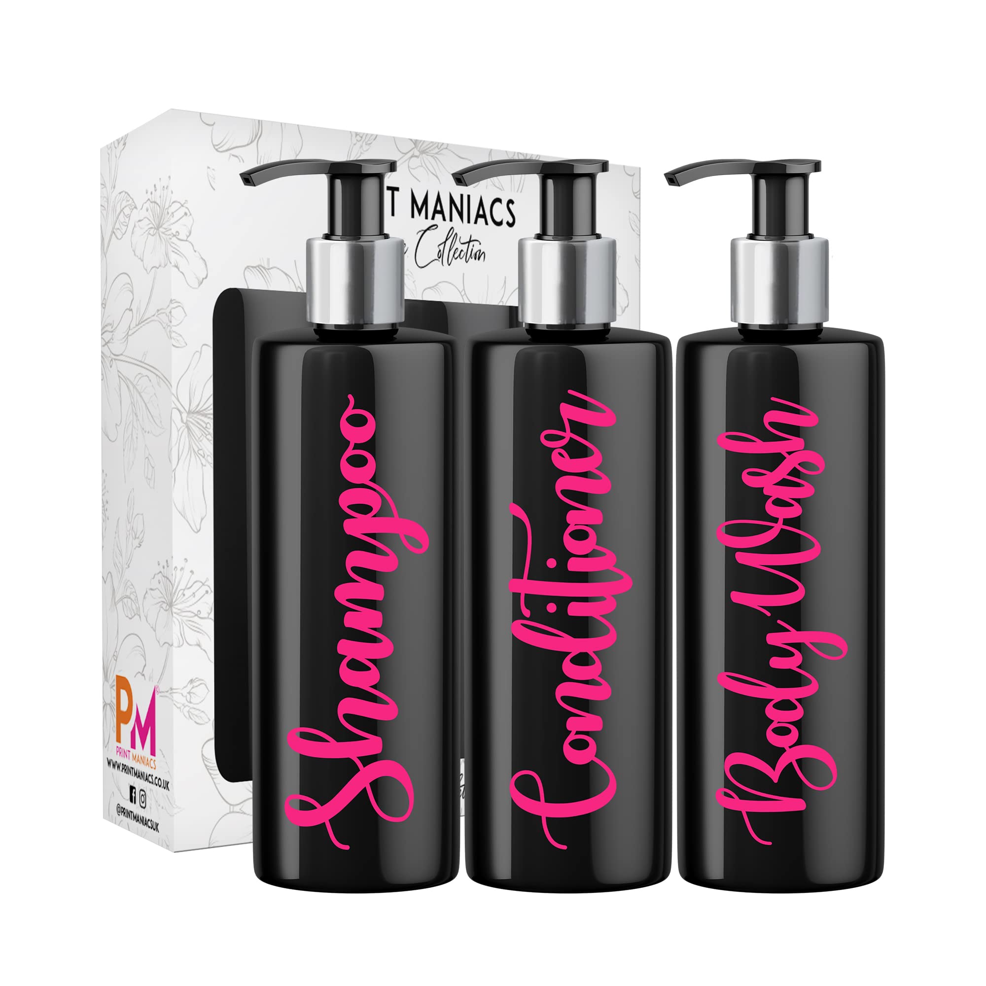 Print Maniacs 3 Set Mrs Hinch Inspired Black Personalised Dispenser Pump Bottles Shampoo Conditioner Body Wash (Pink)