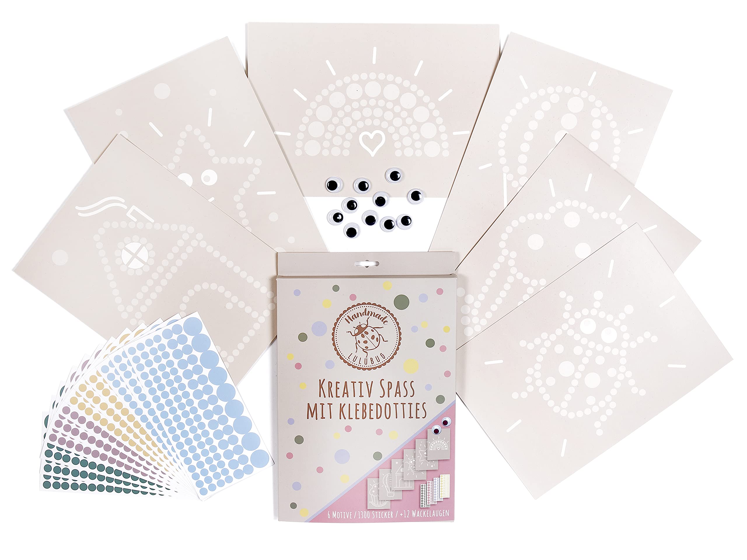 Lulubug Creative fun with sticky dots, pastel, 6 cardboard boxes with different motifs, 1300 stickers and 12 wiggly eyes, pastel tones