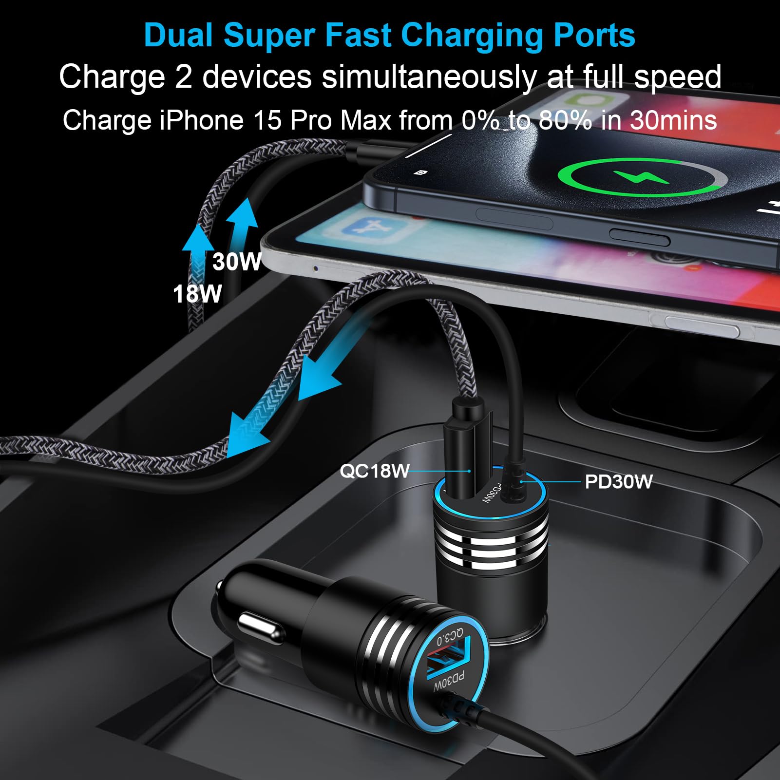USB C Car Charger, 48W Super Fast Charging Type C Car Adapter for Samsung Galaxy S25 Ultra S24 S23 S22 S21 S20 A56 A36 A26 A16 A06, iPhone 16e 16 15 Pro Max Plus, Android Car Charger with USB C Cable