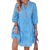 utcoco Women's 2025 Eyelet Lace Midi Dress V Neck Puff 3/4 Sleeve Button Tiered Sexy A Line Sun Dress