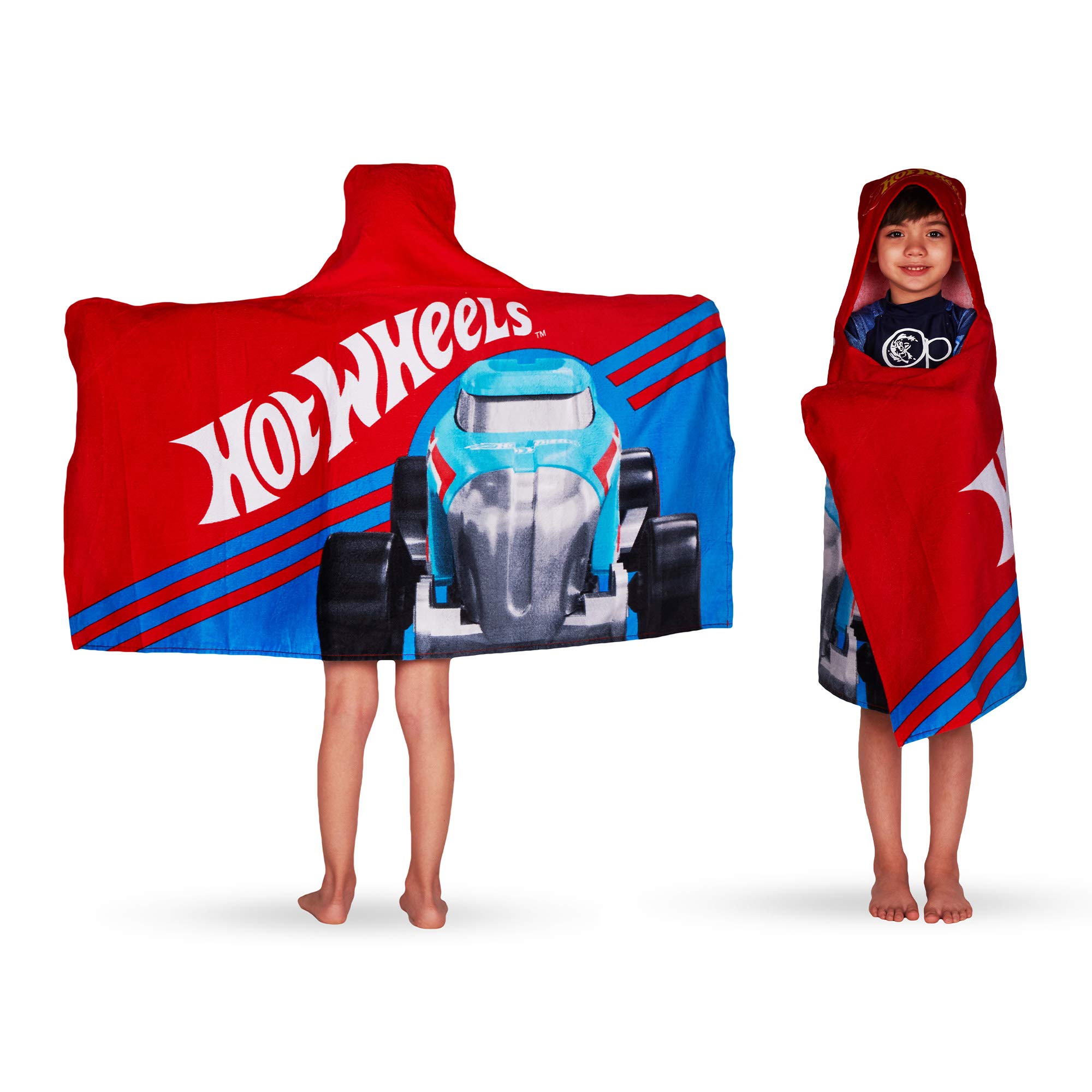 Franco Kids Bath and Beach Soft Cotton Terry Hooded Towel Wrap, 24” x 50”, Hot Wheels