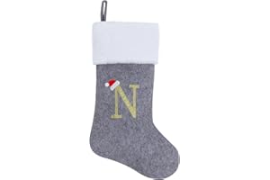 Chisander 20 Inches Grey with White Super Soft Plush Christmas Stockings Personalized Embroidered Monogrammed Xmas Stocking Hanging Ornaments for Family Holiday Xmas Party Decorations（Letter N）