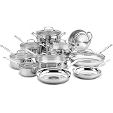 Cuisinart 17-Piece Chef's Classic Stainless Steel Pots and Pans Set, 77-17N | Uncoated mirror finish with aluminum encapsulated base for even heat, 17-piece stainless steel cookware set