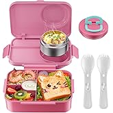 DaCool Upgraded Kids Lunch Box with Thermo for Hot Food 1400ml Child Bento Box for Kids with 5oz Small Thermo for Girls Boys with Fork Spoon Leakproof for Dining Out School Work Picnic, Rose-pink