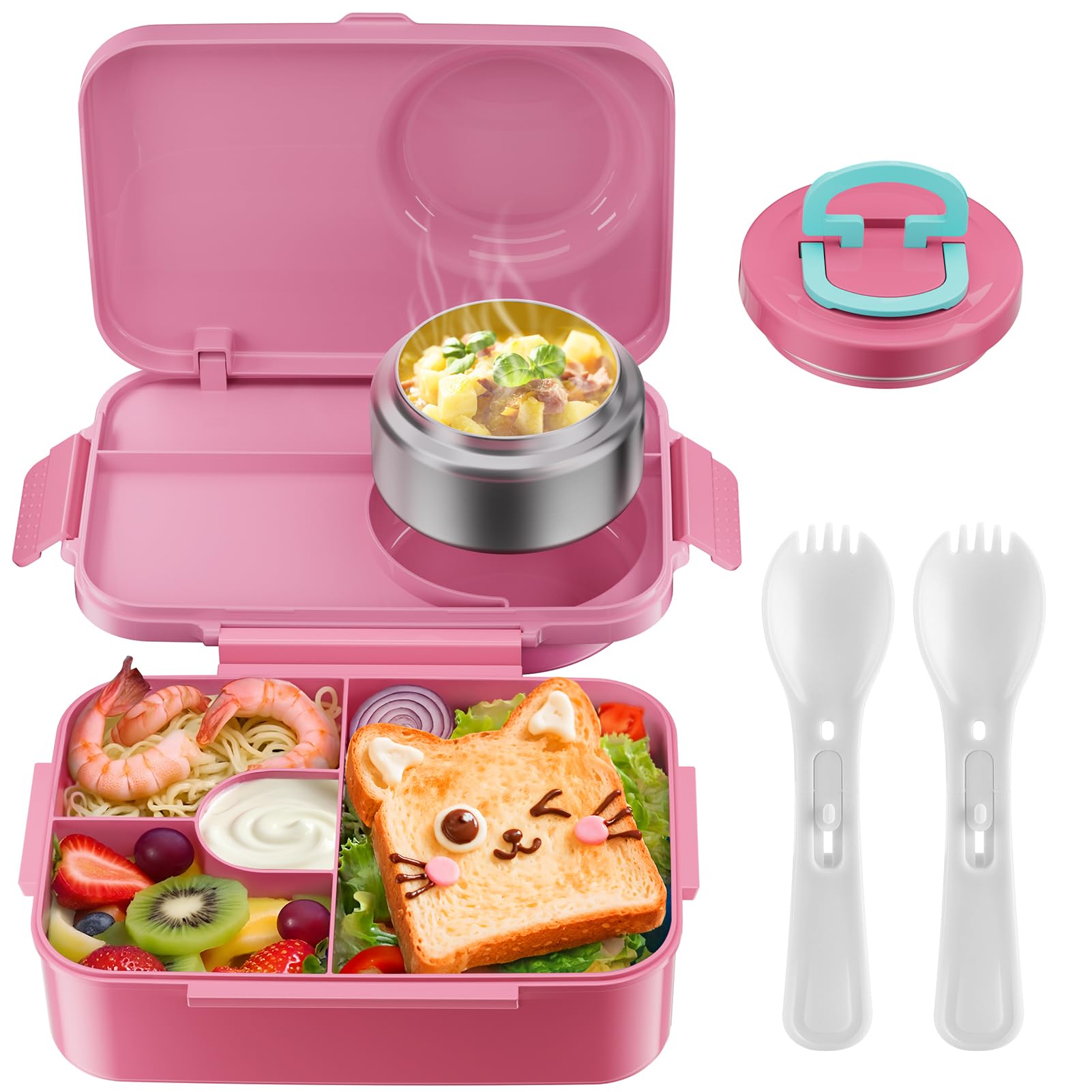 Photo 1 of DaCool Upgraded Kids Lunch Box with Thermo for Hot Food 1400ml Child Bento Box for Kids with 5oz Small Thermo for Girls Boys with Fork Spoon Leakproof for Dining Out School Work Picnic, Rose-pink