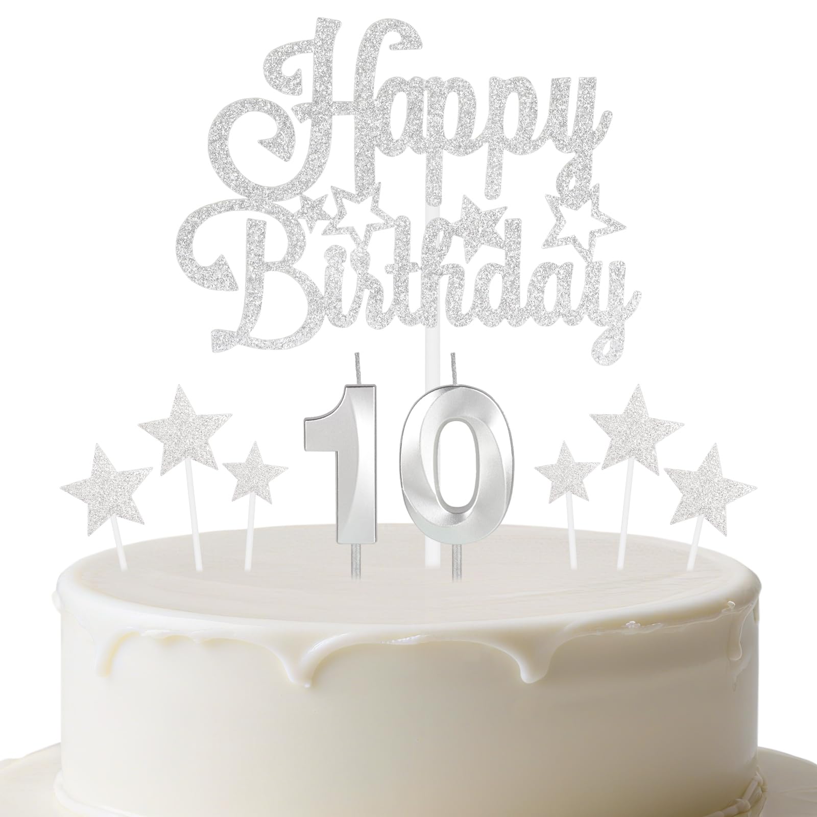 mciskin Silver Birthday Candles Set,Girl Boy 10th Birthday Decorations,Number 10 Candle for Cake,Silver Candles Cake Toppers with Star for Girls Boys Birthday Party Anniversary Decorations