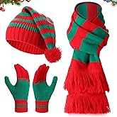 Silicherry 3 Pcs Christmas Scarf Hat Gloves Set Winter Knitted Santa Beanie Xmas Scarf Gloves Christmas Gift for Women Men
