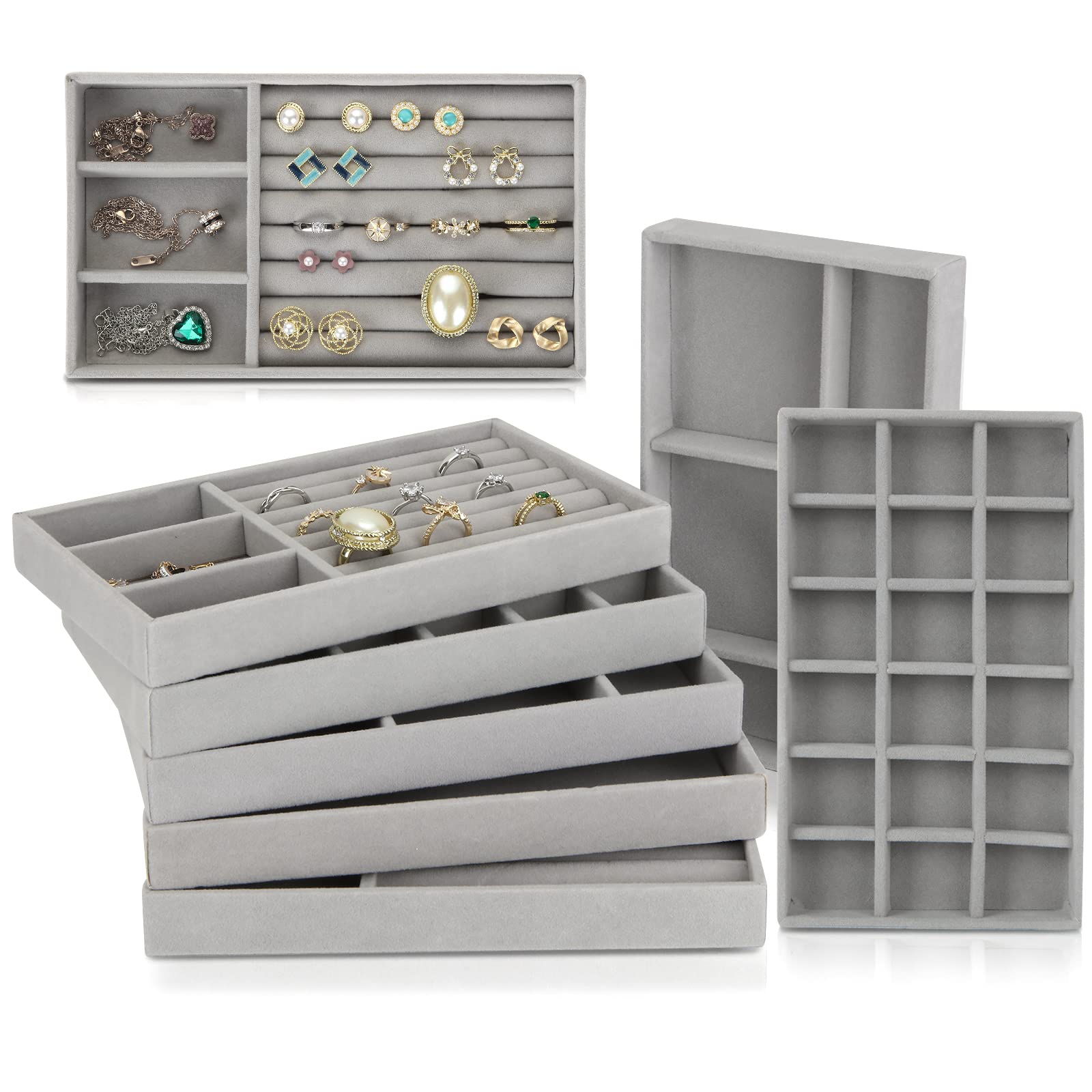 AKOLAFE 8PCS Jewelry Tray Large Jewellery Drawer Organiser Stackable Jewellery Organiser Tray Grey Jewellery Organizer Storage Box for Displaying Earring, Ring, Necklace & Bracelet