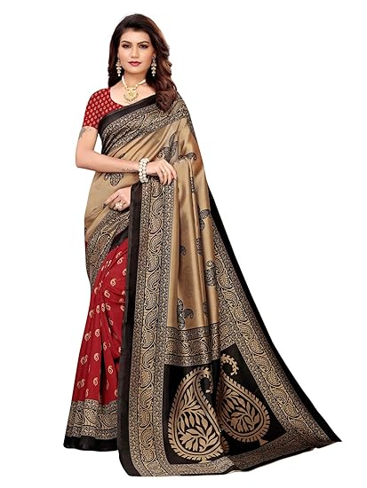 KANCHNAR Womens Poly Silk Half Half Printed Saree with Blouse Piece