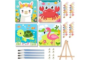Gemozaic 4 Pack Paint by Numbers Kit for Kids with Frame and Easel, Cute Animals Kids Paint by Number for Age 4-6-8, Kids' Easy DIY Acrylic Oil Numbers Painting for Gift Home Decor, 8x8 Inch