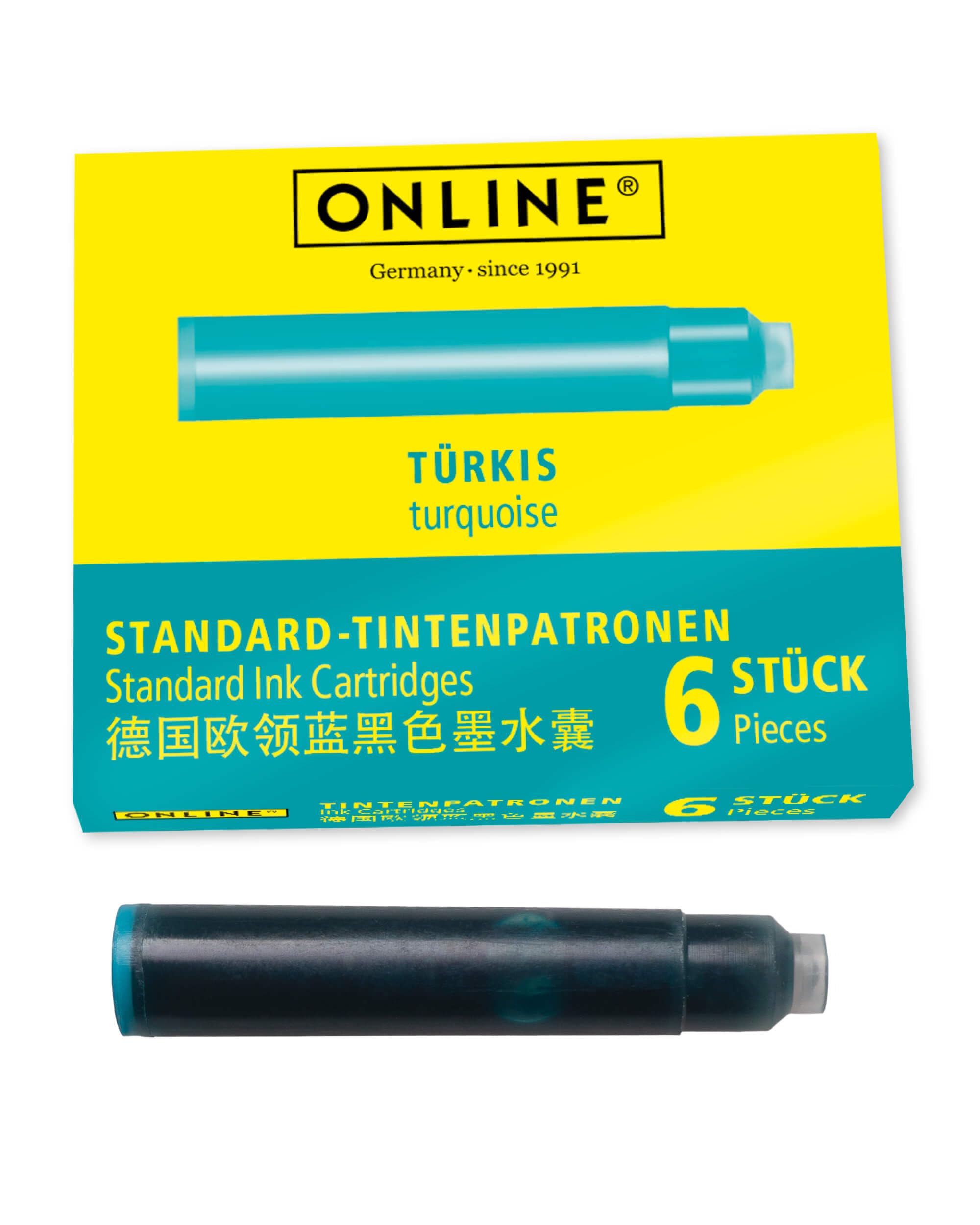 Online 17224/24 Standard Ink Cartridge, ink colour turquoise, 1 pack à 6 cartridges, for standard fountain pens and rollerballs