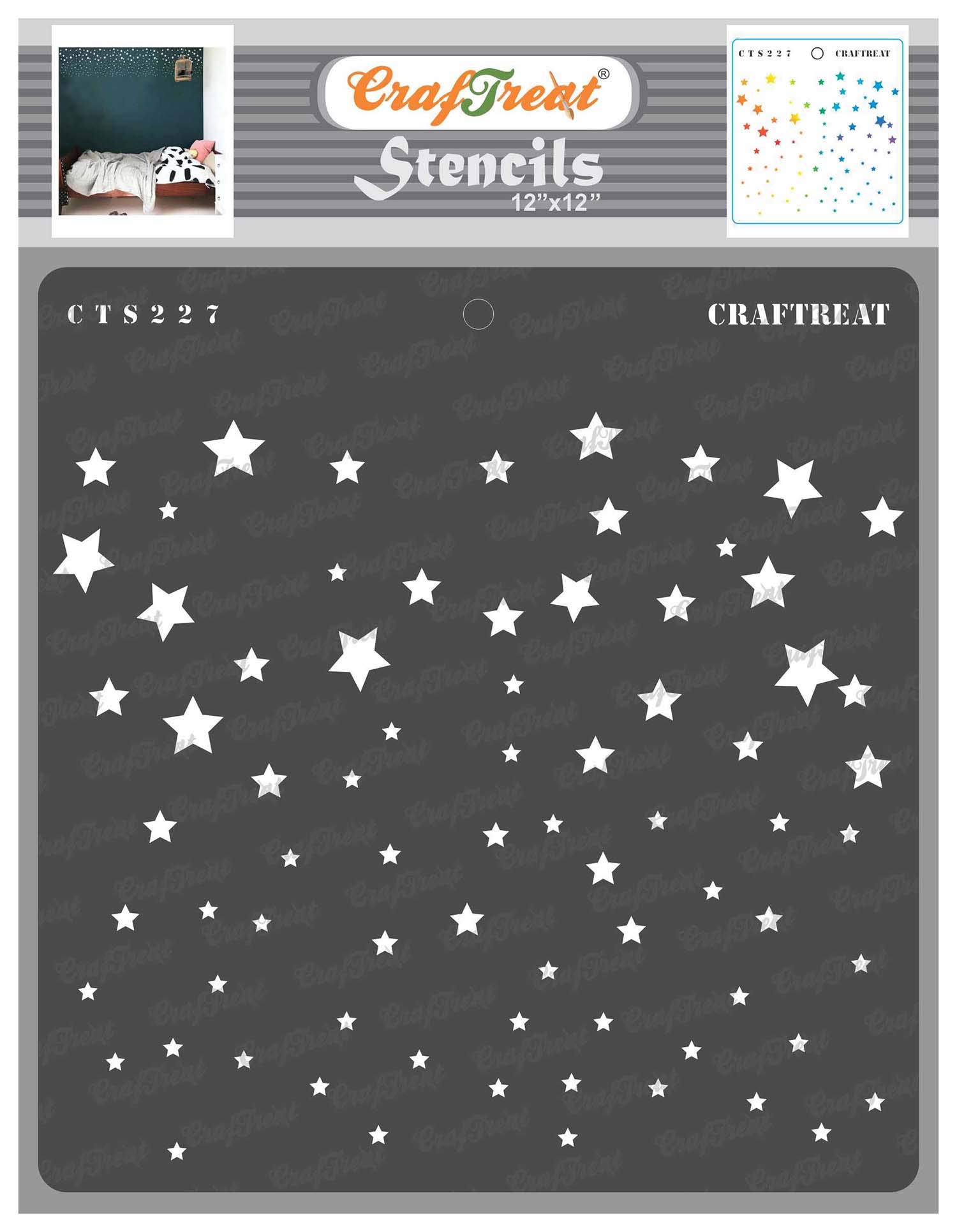 CrafTreat Reusable Star Stencils for Painting on Wood, Canvas, Paper, Fabric, Floor, Wall and Tile - Starry Sky -12x12 Inch - DIY Art and Craft Stencils - Star Stencil Template