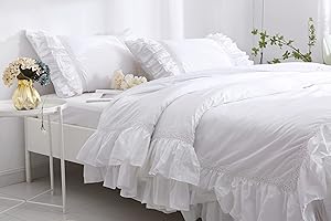 Meaning4 White Ruffles Duvet Cover with Lace King Size Quilt Cover Egypt Cotton 104x90 Inch 1 Pieces Solid