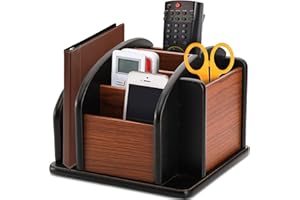 DEAYOU Wood Rotating Remote Control Holder, Spinning Remote Caddy for Table, 6-Compartment Wooden Revolving Office Supplies D
