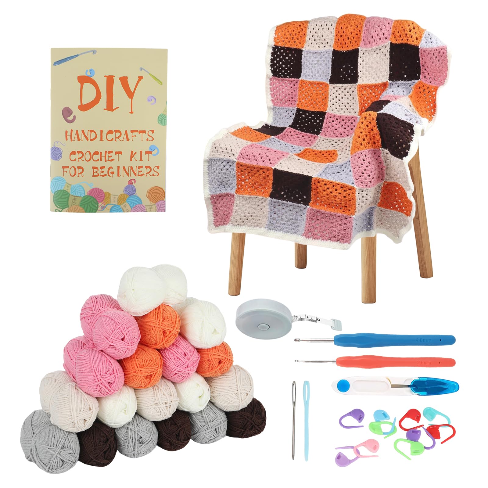 GHIBFBT Crochet Kit, Corchet Blanket Kit with Step-by-Step for Beginners, 19 Rolls DK Yarn Granny Square Blanket Crochet DIY Set for Starter (Red)