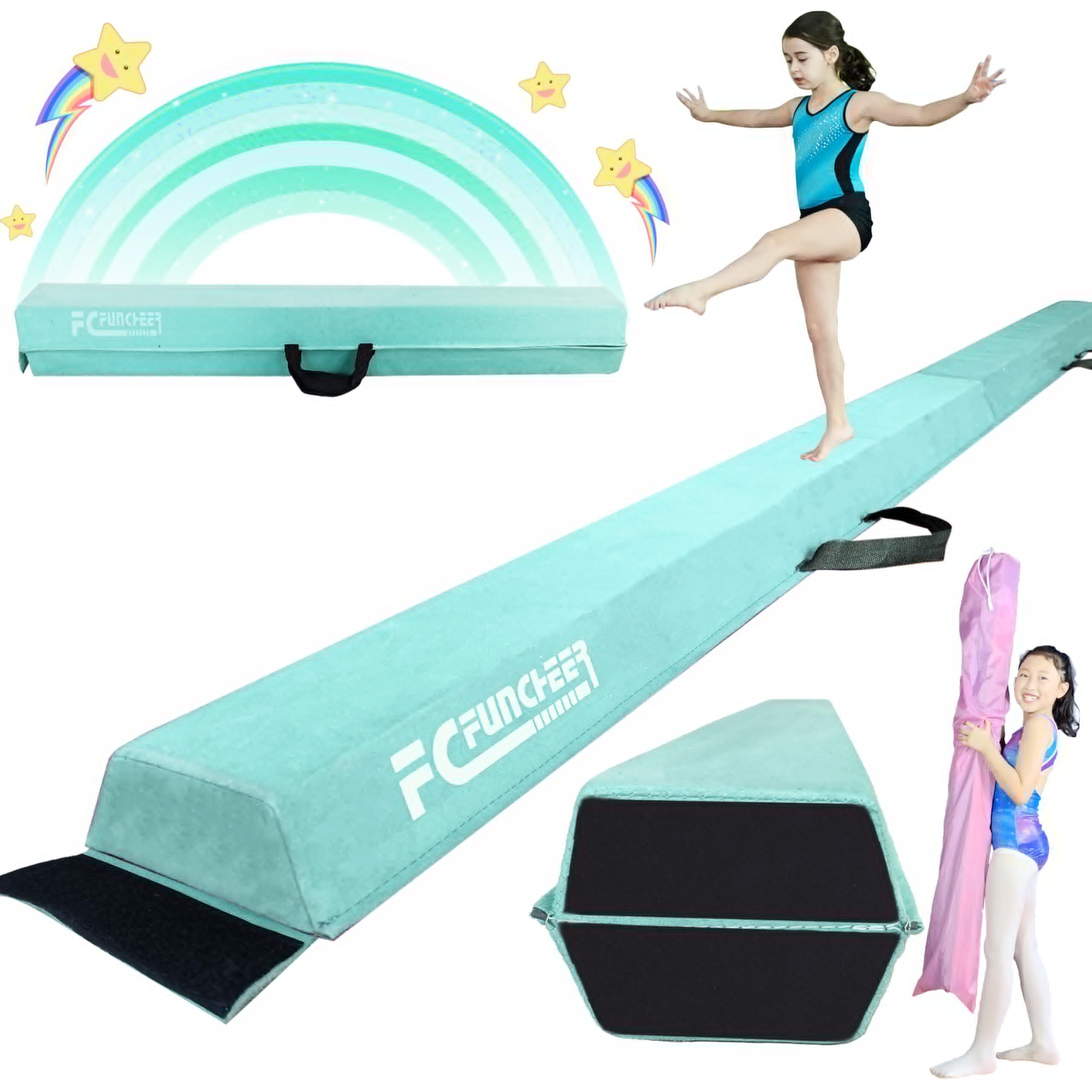 FC FUNCHEER 6FT/9FT Folding Balance Beam for Kids- Gymnastics Foam Floor Beam,Anti-Slip Bottom with Carrying Bag, Faux Suede Covered,Gymnastics Equipment for Home (Faux Suede, Teal, 8FT) Image
