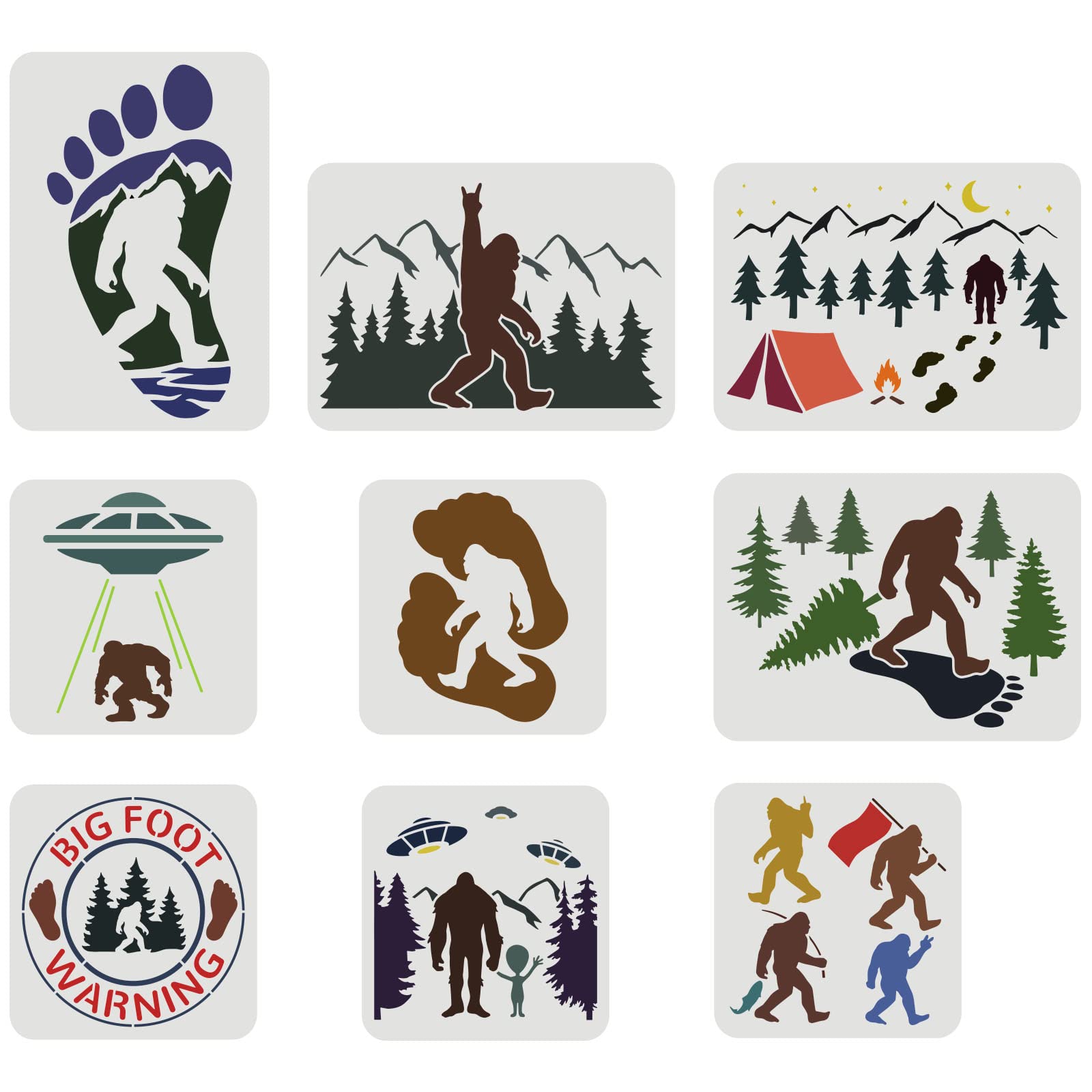 FINGERINSPIRE 9PCS Bigfoot & Sasquatch Stencil Set - 2 Sizes, Large & Rectangular, Reusable Plastic, DIY Art Crafts