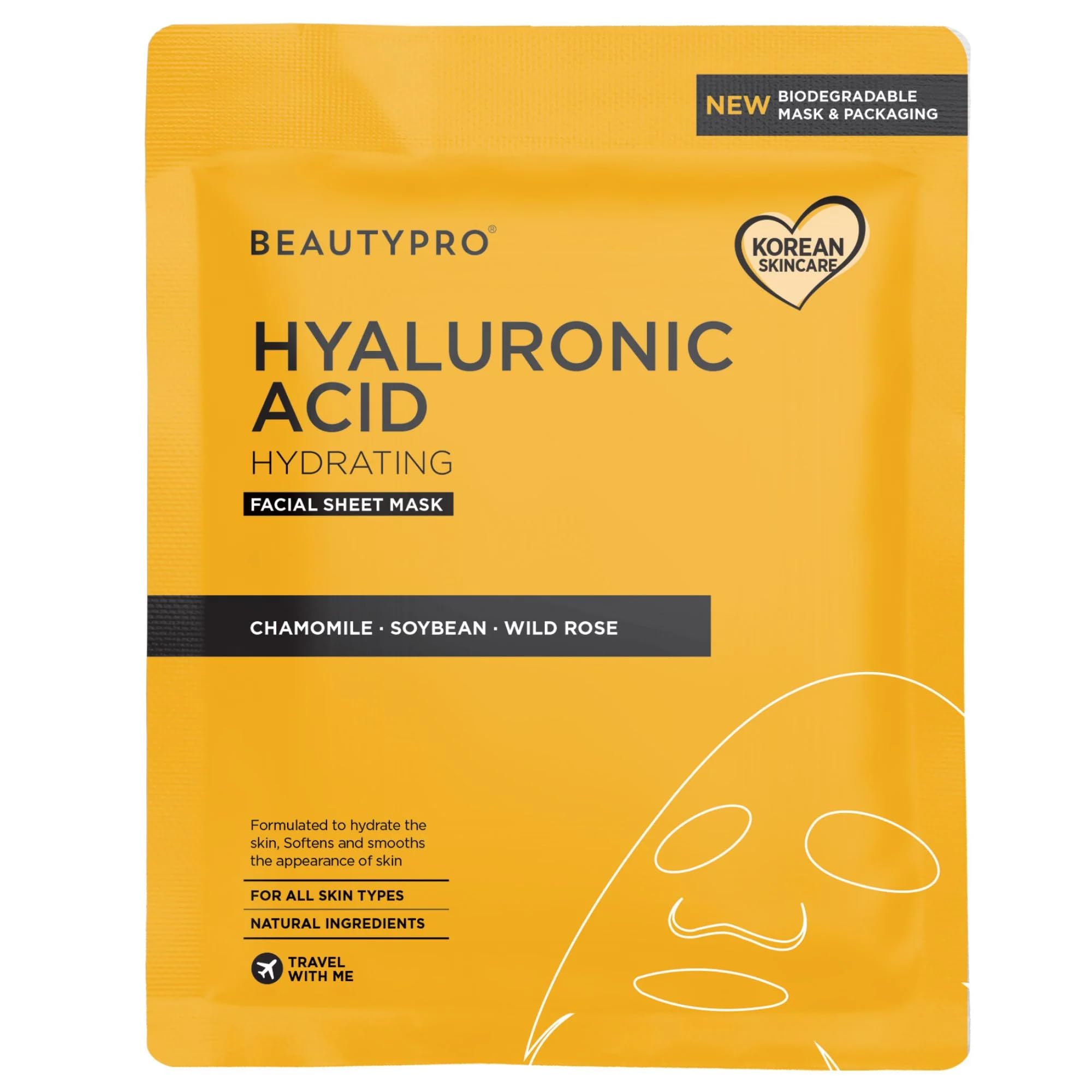 BEAUTYPRO HYALURONIC ACID Face Mask Hydrating Anti-Ageing Anti-Inflammatory Bamboo Sheet Mask Natural Moisturising Korean Vegan Skincare 100% Biodegradable Multi Award Winning
