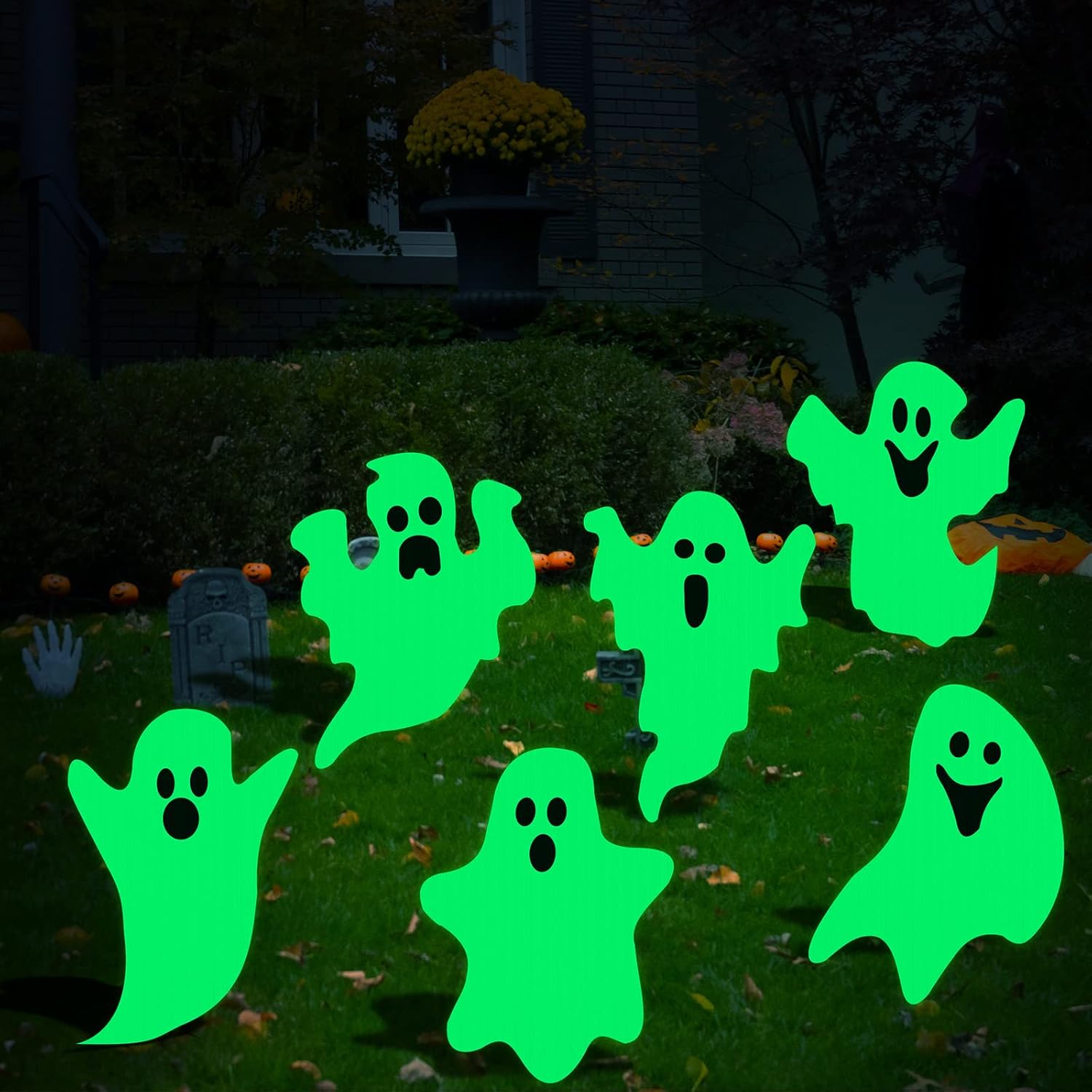 Yard Signs - Yerliker 6 Pcs Halloween Yard Sign Stakes 16 Inch Glow in the Dark Halloween Outdoor Decorations Halloween Yard Fluorescent Signs for Yard Lawn Garden Decor (Ghosts), green