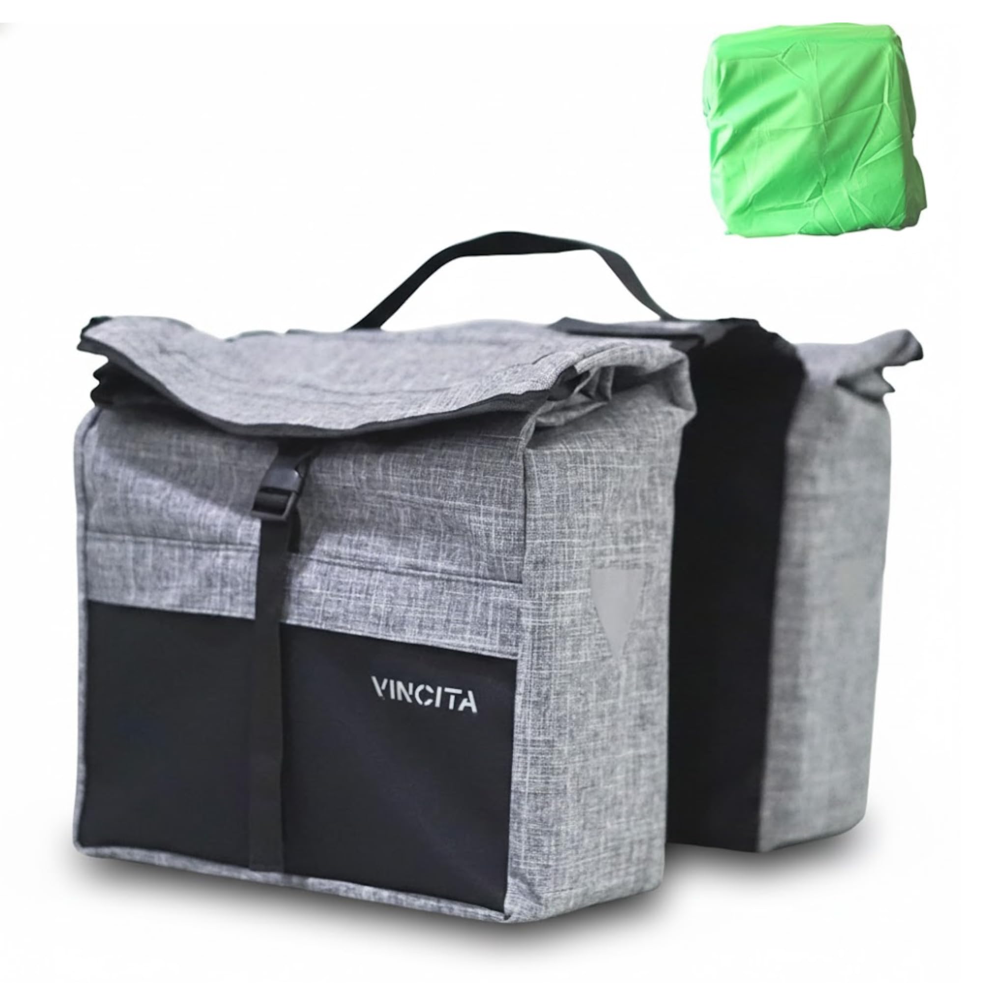Vincita Top Load Double Pannier Water Resistant Cycling Side Bags - with Rain Cover, Large, Carrying Handle, Reflective Spots - - (Black/Gray)