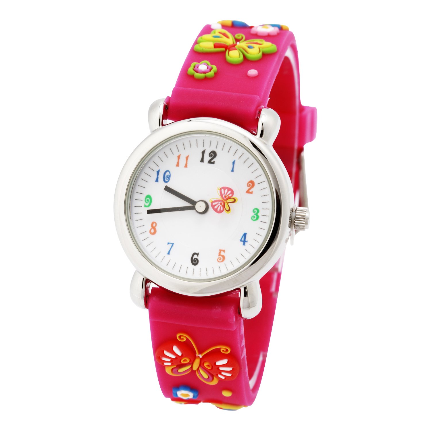 Eleoption Waterproof 3D Cute Cartoon Digital Wristwatches Time Teacher Gift for Little Girls Boy Kids Children Environmental Friendly Silicone (Butterfly, Pink)