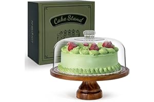 ANBOXIT Cake Stand with Dome Lid, Acacia Wood Cake Plate with Cover, Wooden Cake Display Stand with Acrylic Dome - Footed