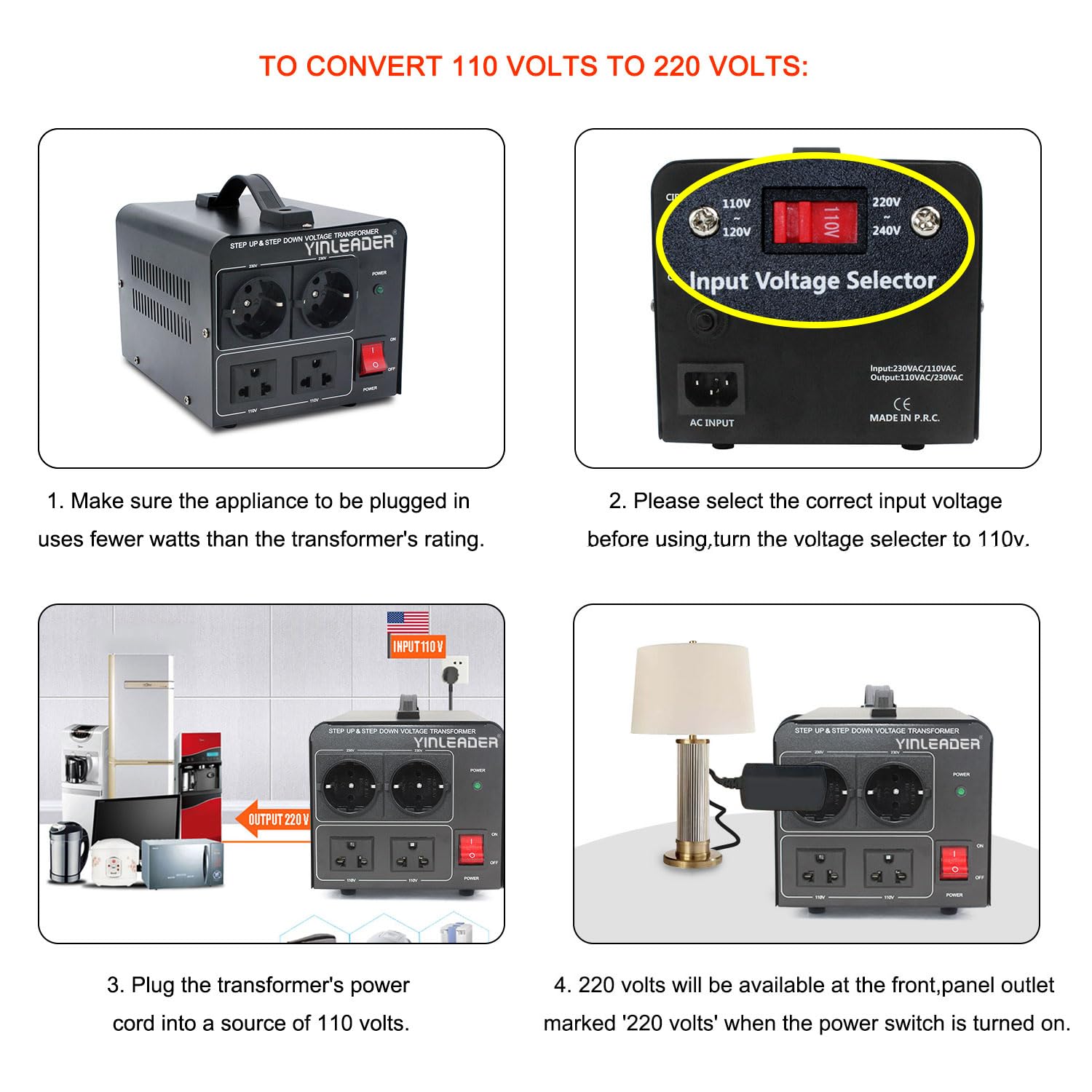 Yinleader 1000W 110V to 220V EU Voltage Converter Transformer Step Up/Down Converter 110/120 Volt - 220/230/240 Volt w/US Power Cord(NO 220V Power Cord)