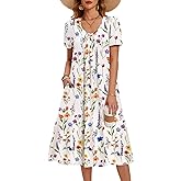 Zeagoo Summer Dress for Women Casual Floral Midi Sundress with Pockets V Neck Pleated Short Sleeve Aline Beach Vacation Dress