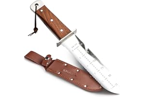 SHALL Hori Hori, Japanese Garden Knife, Soil Knife with Leather Sheath, Rosewood Handle & Hide Rope, 7” Stainless Steel Blade, Rope Cutting Edge, for Digging, Weeding, Planting, Full-Tang