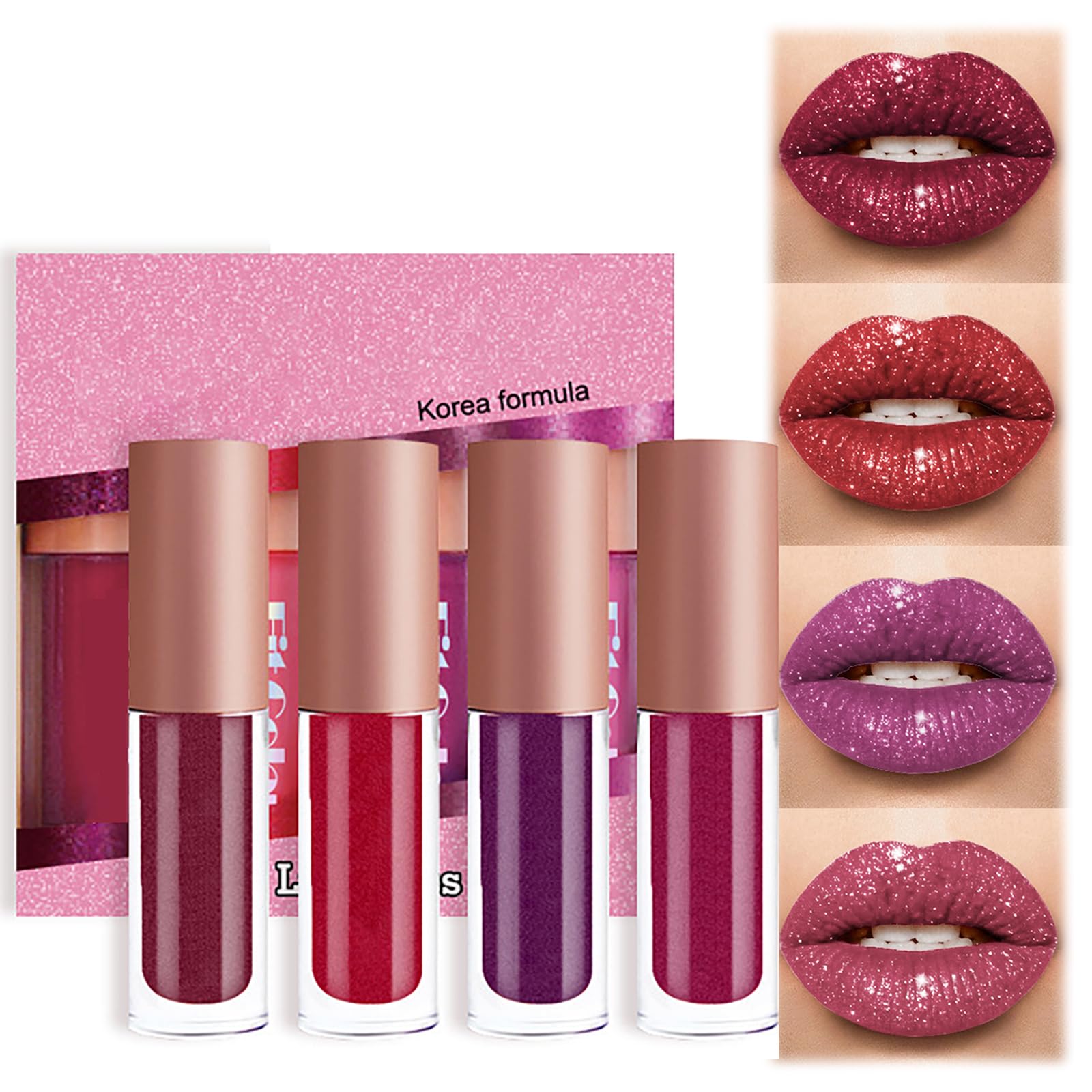 Metallic Glitter Lipstick Set - 4 Colors, Hydrating & Smooth Shimmer, Long-lasting Non-stick Formula, Lightweight & Soft Lip Stick for Women, Impactful Lipcolor in a Non-Stick Cup
