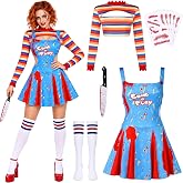 MUDEREK Halloween Killer Doll Costume for Women, Creepy Doll Cosplay Set | Striped Long Sleeve Top, Blue &amp; Red Pleated Design, Knee High Socks, Prop Knife &amp; Scar Tattoos, Adult Cosplay
