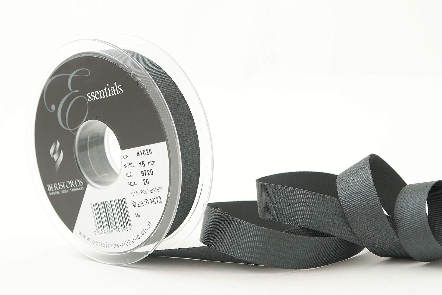 Berisfords Grosgrain, Polyester, Smoked Grey, 10.4 x 10.4 x 2 cm, 16mm
