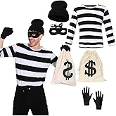 greitenty Adult Robber Costume Halloween Unisex Thief Accessories Set with Black and White Striped T-Shirt Bag Eye Mask Cap
